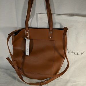 NEW Henny + Lev Vegan Leather Cognac Brown 2-in-1 Tote Bag Purse Crossbody Dust